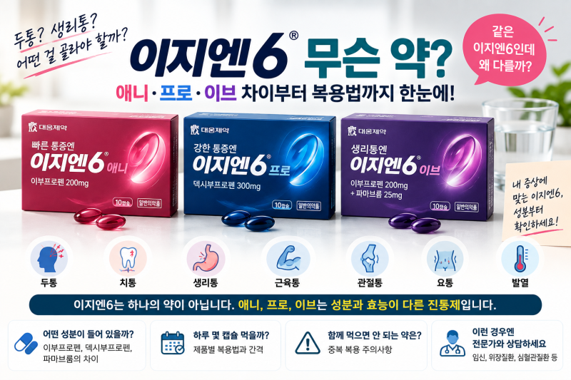 이지엔6 무슨 약? 애니·프로·이브 차이, 생리통·두통에 어떤 성분이고 하루 몇 캡슐 먹을까?
