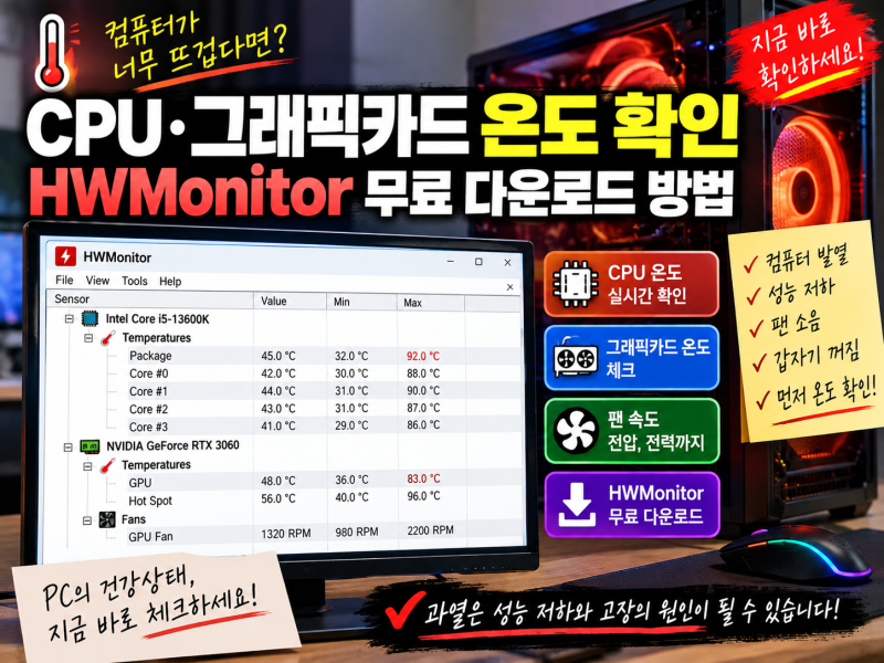 컴퓨터가 갑자기 느려졌다면? CPU 90도일 수도 있습니다｜HWMonitor 무료 다운로드·온도 확인 방....