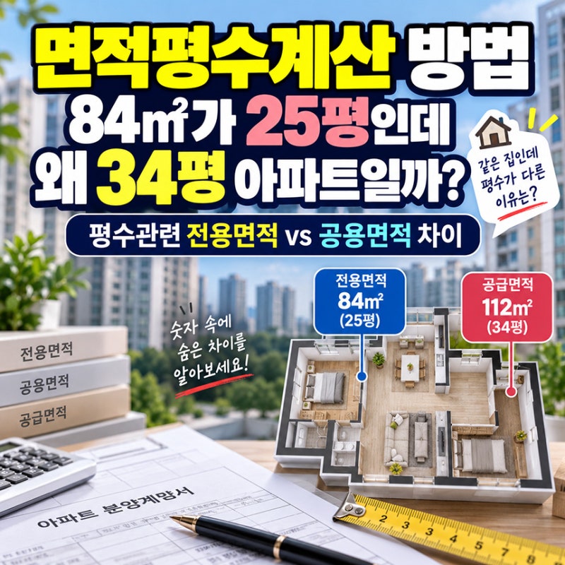 면적평수계산 방법, 8484㎡가 25평인데 왜 34평 아파트일까, 평수관련 전용면적 vs 공용면적 차....