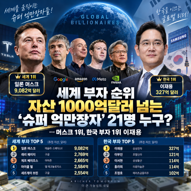 [세계 부자 순위] 자산 1000억달러 넘는 ‘슈퍼 억만장자’ 21명 누구?…머스크 1위, 한국 부자 ....