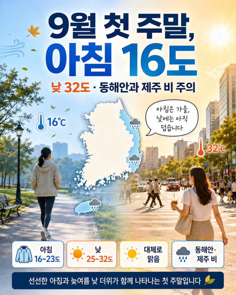 9월 5일 오늘 날씨, 첫 주말 아침 16도까지…낮 32도·동해안 제주 비