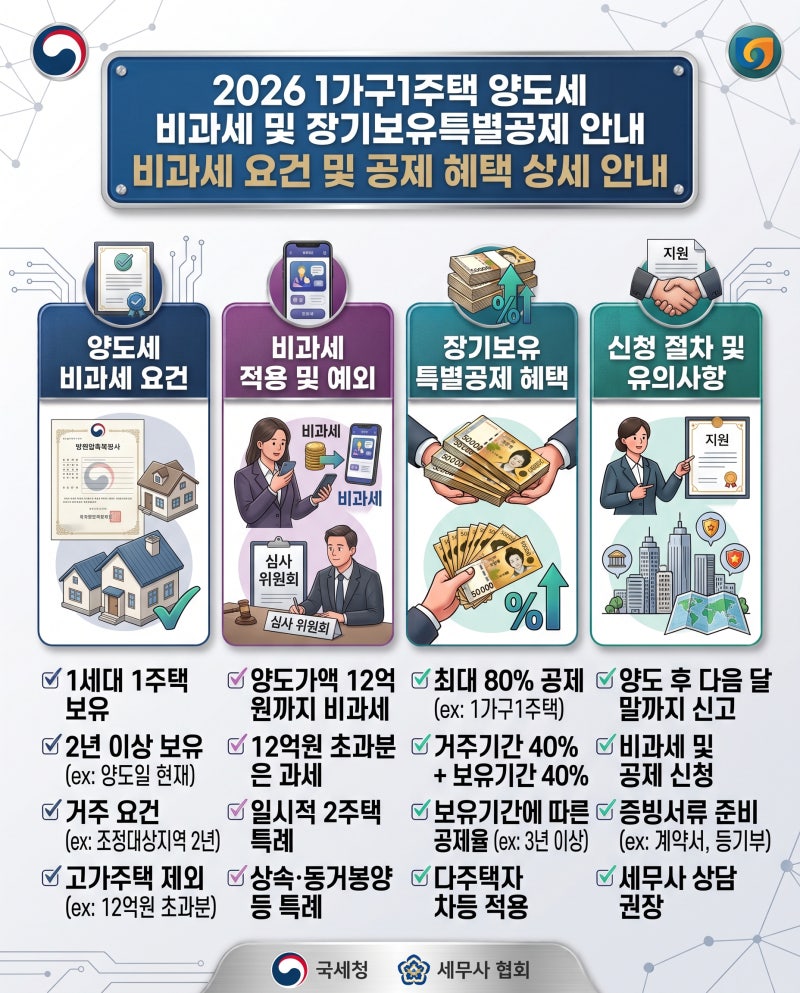 [절세·실속 금융] 2026 1가구 1주택 양도소득세 비과세 요건 및 장기보유특별공제 총정리