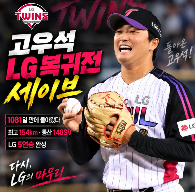 고우석 LG 복귀전서 1081일 만의 세이브, LG 삼성 4-3 역전승, 최고 154㎞, 통산 140세이브
