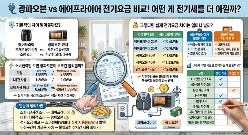 광파오븐 vs 에어프라이어 전기요금 비교! 매일 쓰면 전기세 얼마나 차이 날까? 직접 비교해....