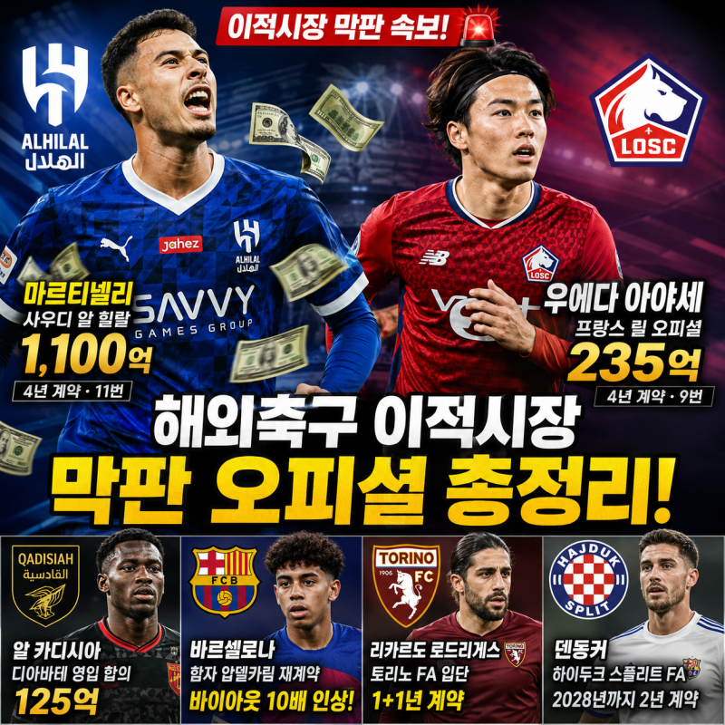 [해외축구] 이적시장 막판 속보! 마르티넬리 사우디 1,100억 이적 & 우에다 아야세 릴 오피셜 ....