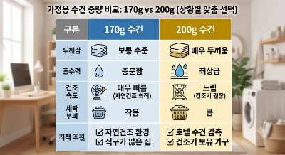 가정용 수건 170g vs 200g 상황별 맞춤 선택 관리 방법 총정리