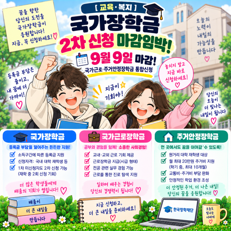 [교육·복지] 국가장학금 2차 신청 마감임박 (9월 9일 마감! 국가근로·주거안정장학금 통합신....