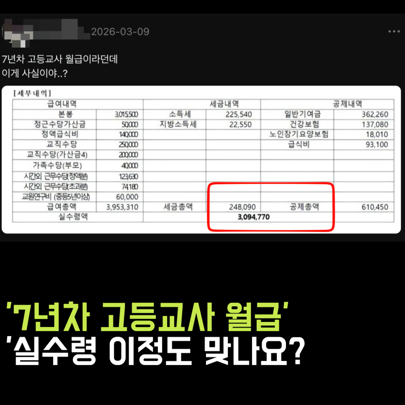 '7년차 고등학교 교사 월급 공개' 실수령액 이정도구나