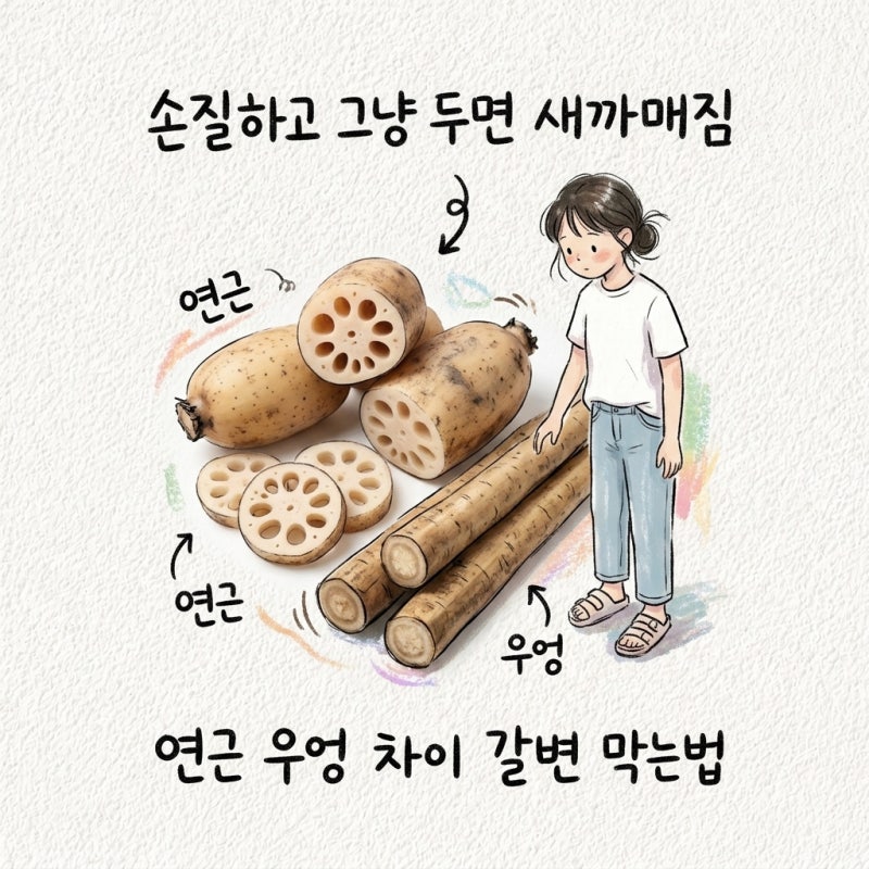 손질하고 그냥 두면 새까매짐 연근 우엉 차이 갈변 막는법 껍질 손질 식초물 아린맛 조림 보....