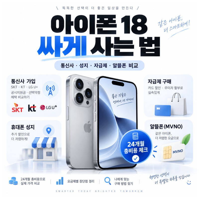 아이폰 18 싸게 사는 법! 통신사, 성지, 자급제, 알뜰폰 2년 총비용 비교해봐요