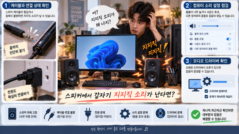 스피커 지지직 소리 왜 날까? 전원·케이블·컴퓨터 설정부터 고장까지 순서대로 확인하세요