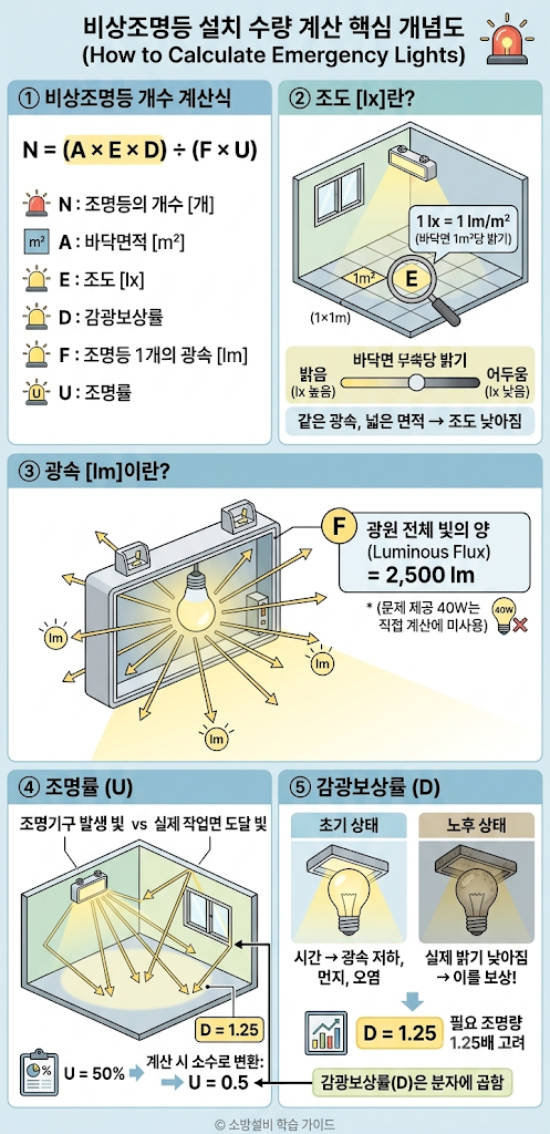 [소방전기 - 실기] 비상조명등 설치개수(조도·조명률·감광보상률 적용)