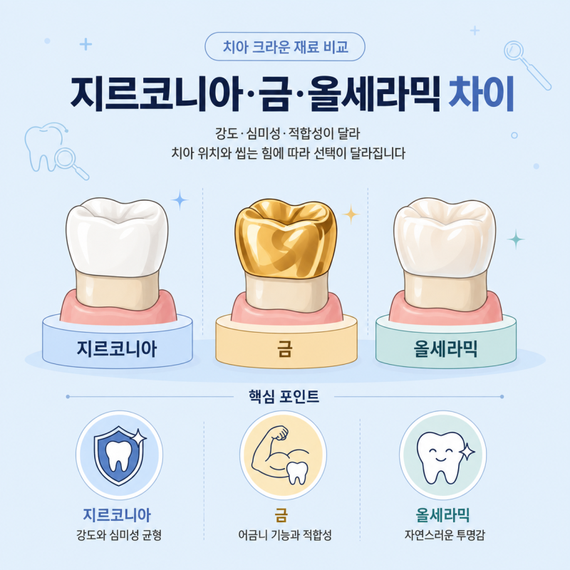 치아 크라운 종류 지르코니아, 금, 올세라믹? 서로 뭐가 다른가요?