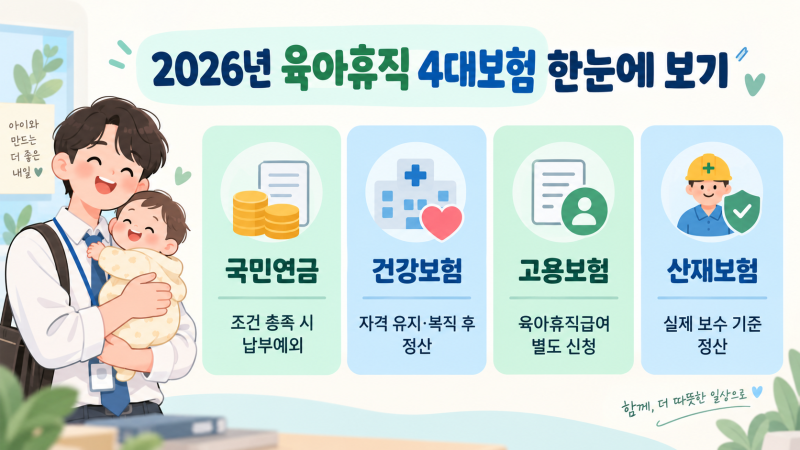 2026년 육아휴직 4대보험 총정리｜국민연금 납부예외·건강보험료·육아휴직급여 신청방법