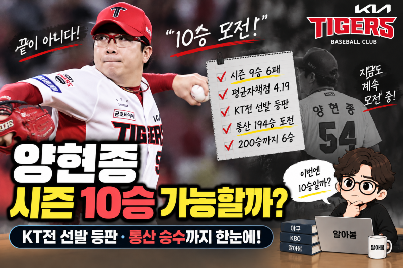 양현종 시즌 10승 가능할까? KT전 선발 등판·통산 승수까지 보니