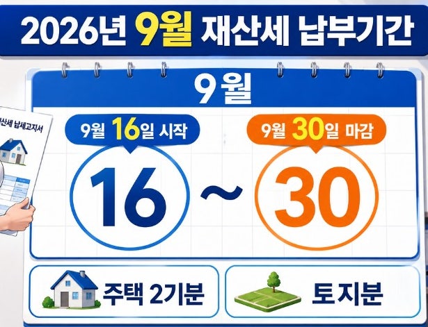 2026년 주택분 재산세 2기분. 토지분 재산세 납부 기간입니다.(26.09.16(수)~09.30(수))