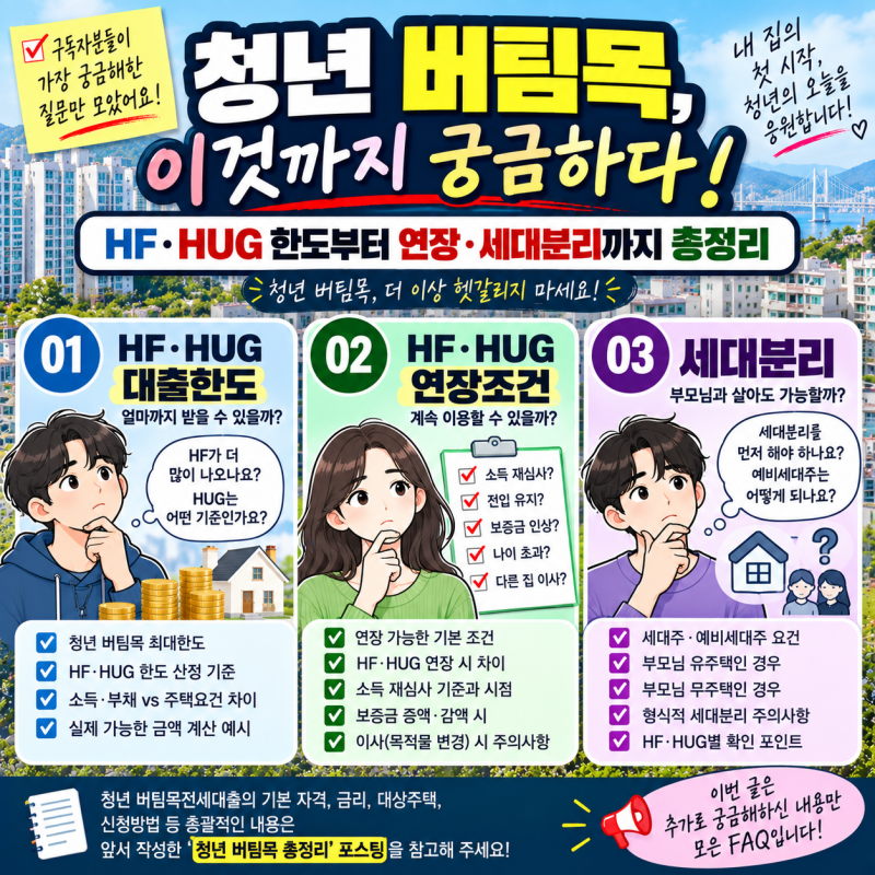 청년 버팀목, 이것까지 궁금하다! HF·HUG 한도부터 연장·세대분리까지 총정리