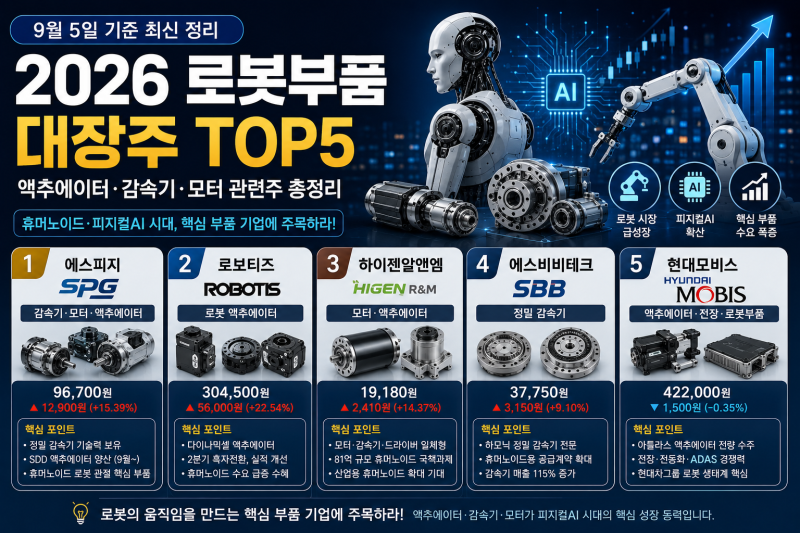 2026 로봇부품 대장주 TOP5｜액추에이터·감속기·모터 관련주 총정리