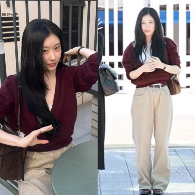 공항룩으로 화보찍는 있지 채령의 니트, 바지, 가방 정보