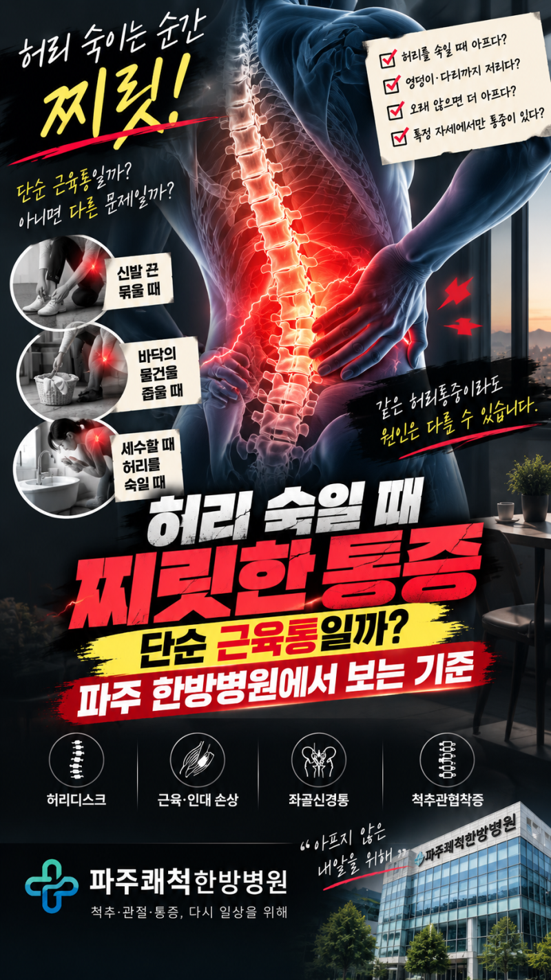 허리 숙일 때 찌릿한 통증, 단순 근육통일까? 파주 한방병원에서 보는 기준(한방 병원 2)