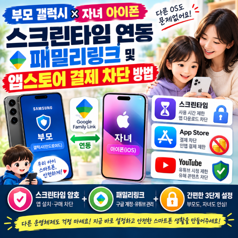 부모 갤럭시 자녀 아이폰 스크린타임 연동: 패밀리링크 및 앱스토어 결제 차단 방법