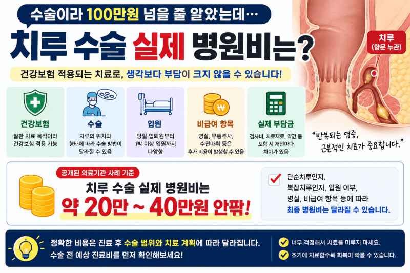 수술이라 100만원 넘을 줄 알았는데 치루 수술 비용, 입원하면 실제 병원비는?