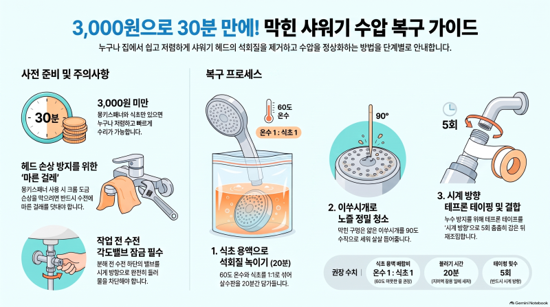 샤워기 헤드 막힘 해결 방법