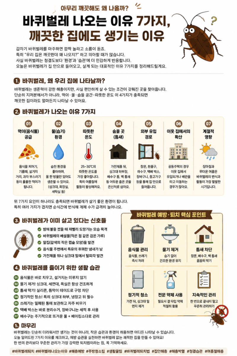 바퀴벌레 나오는 이유 7가지｜깨끗한 집에도 생기는 이유와 퇴치·예방법