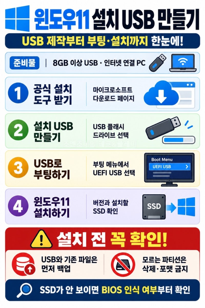 윈도우11 설치 USB 만들기, USB 부팅부터 설치 방법까지