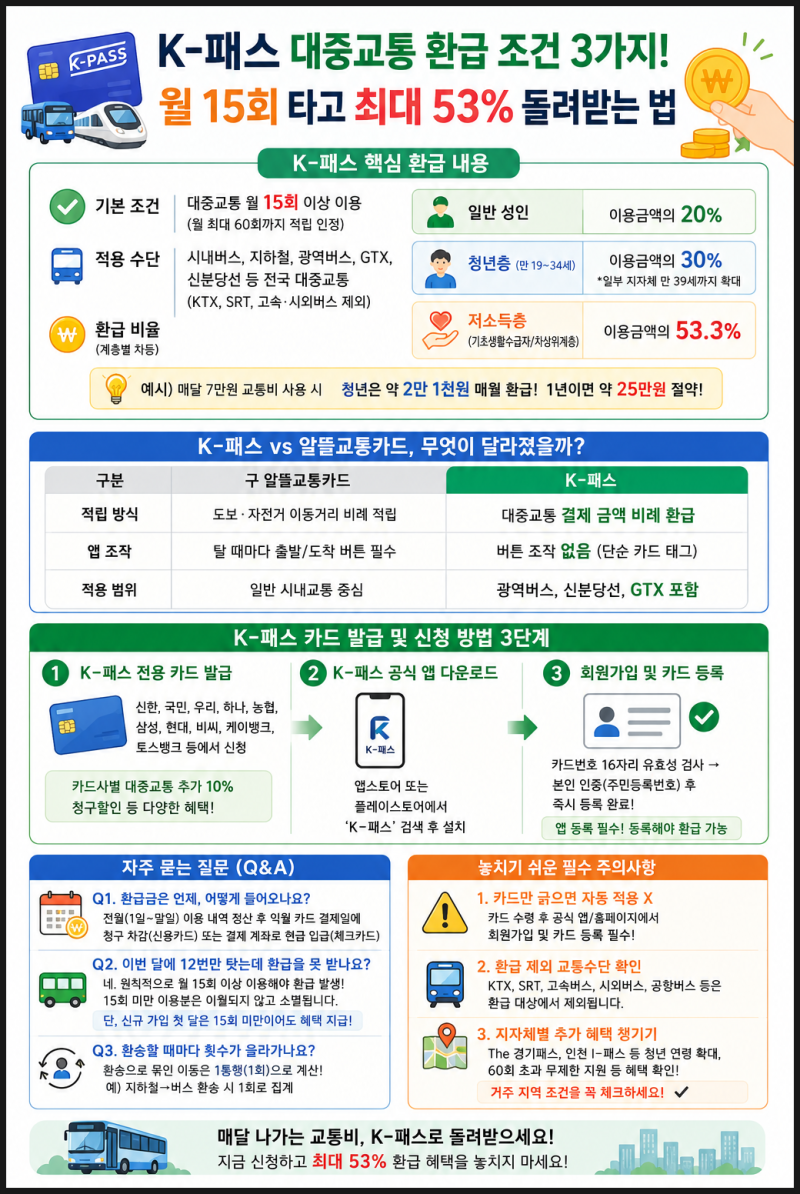 K-패스 대중교통 환급 조건 3가지! 월 15회 타고 최대 53% 돌려받는 법