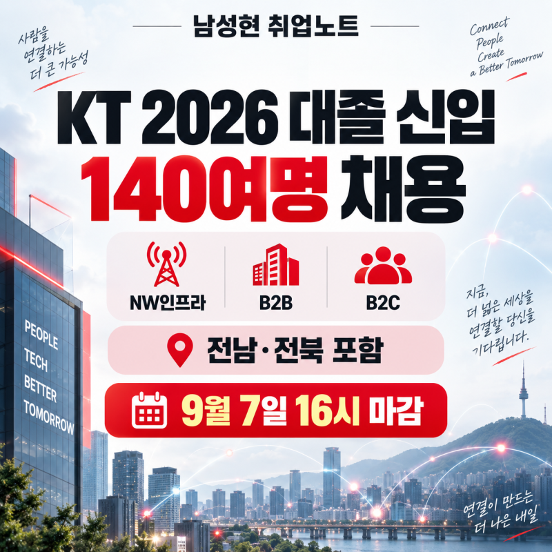 [마감임박] KT 2026 대졸 신입 140여명 채용｜NW인프라·B2B·B2C·전북 근무 가능｜9월 7일 16시 마....