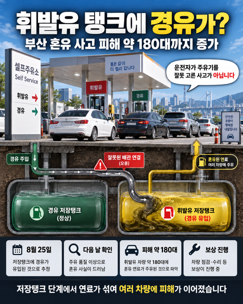 부산 주유소 혼유 사고 차량 180대 피해…휘발유 탱크에 경유 들어가면 차는 어떻게 될까