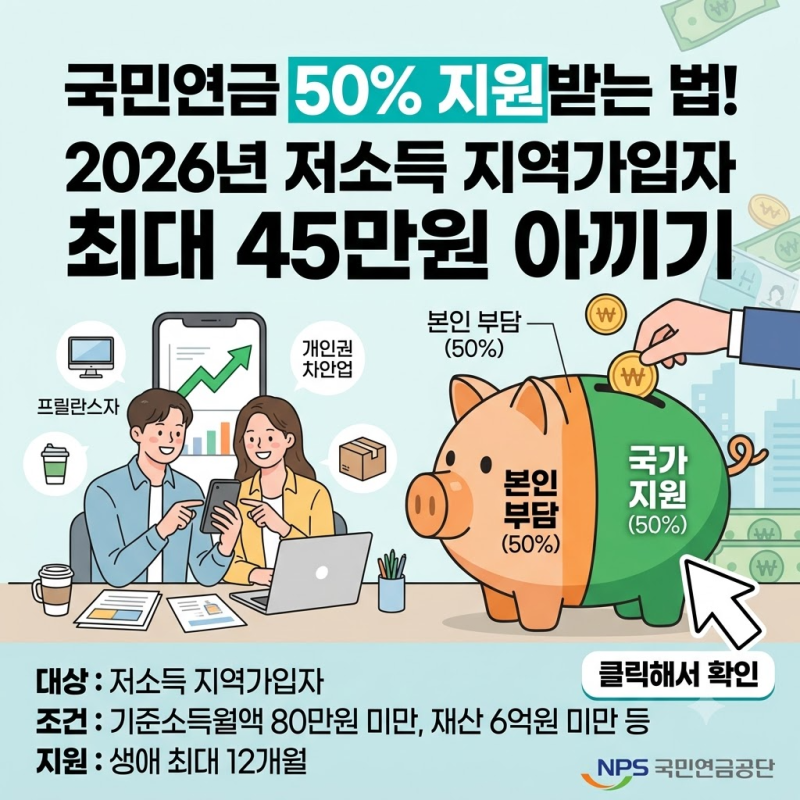 [중요] 국민연금 매달 내고 있다면 꼭 확인! 2026년 보험료 50% 지원받는 방법, 최대 45만원 아끼....