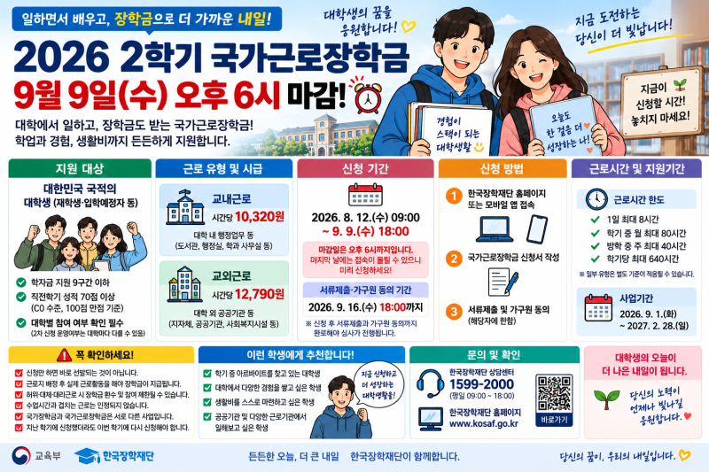 2026 국가근로장학금 2차 신청방법｜교외 시급 12,790원·9월 9일 마감