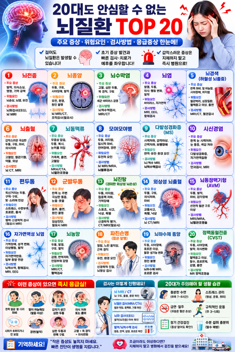 20대에서 발생할 수 있는 뇌질환은 뇌혈관질환뿐 아니라 뇌종양·뇌전증·염증성 질환·외상....