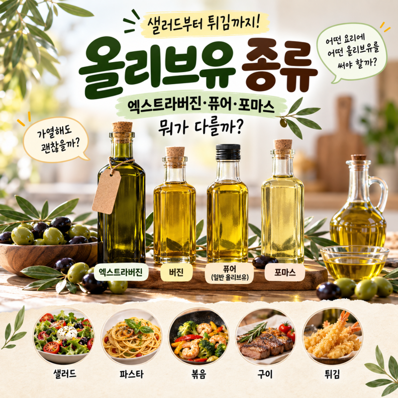 올리브유 종류 차이｜엑스트라버진·퓨어·포마스, 볶음·튀김·샐러드에는 어떤 걸 쓸까?