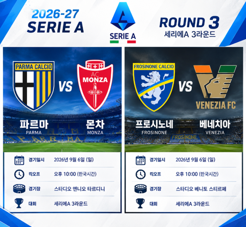 2026-27시즌 세리에A 3라운드｜파르마  몬차 · 프로시노네  베네치아 경기 프리뷰