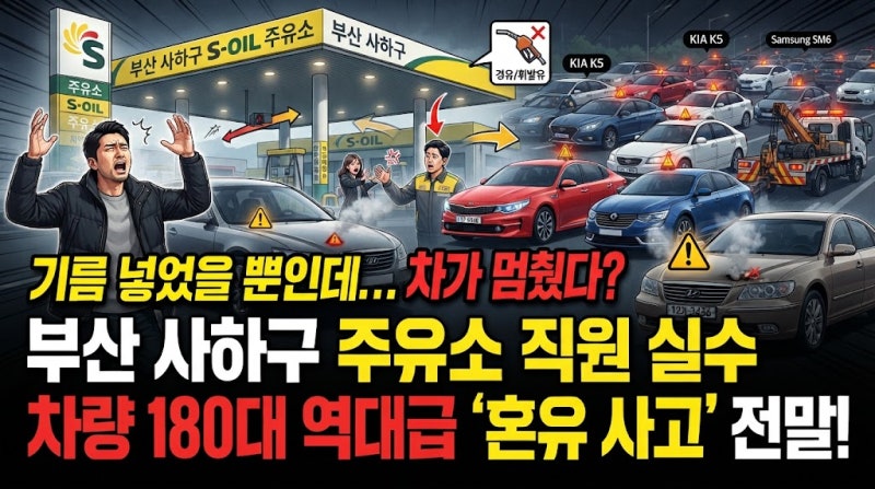 "기름 넣었을 뿐인데 차가 멈췄다?" 부산 사하구 주유소 직원 실수로 차량 180대가 피해를 입....