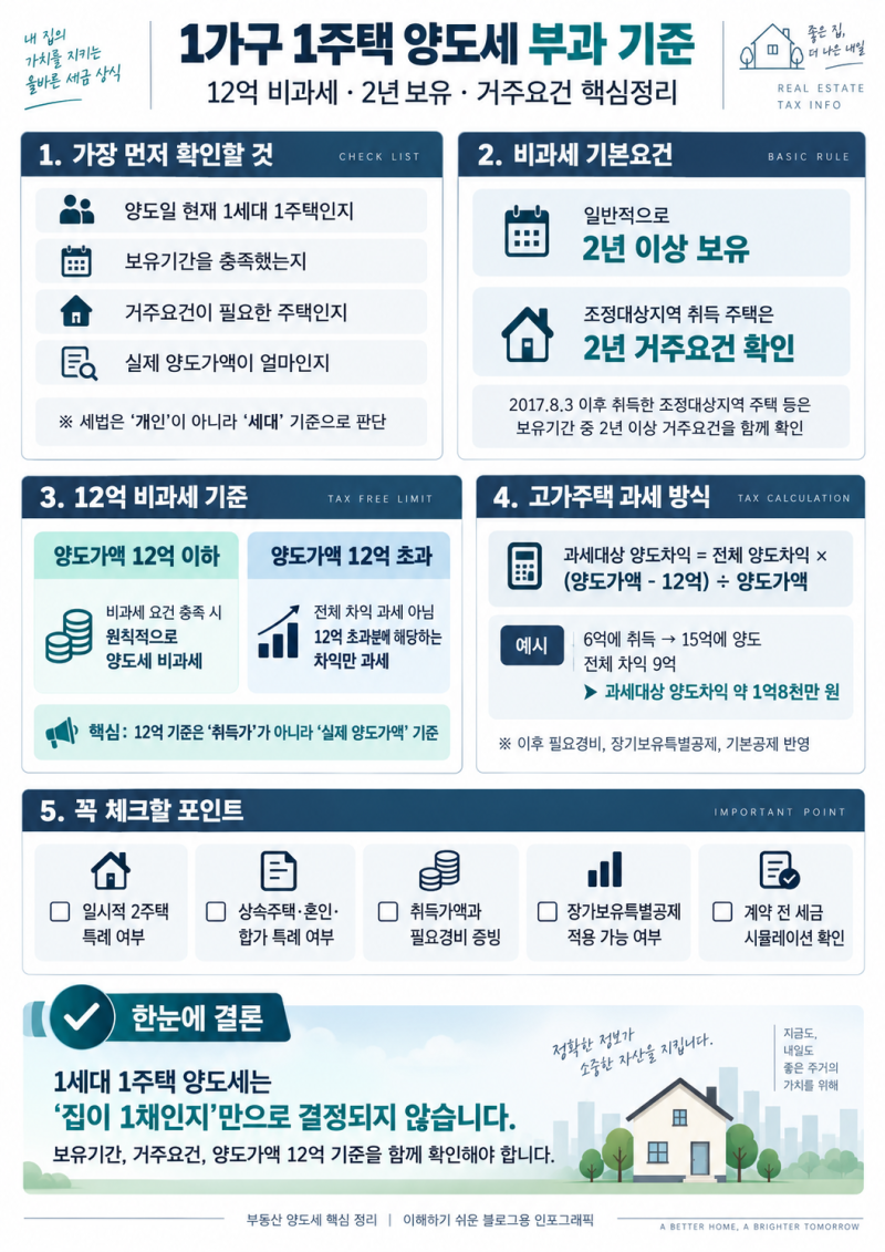 1가구 1주택 양도세 부과 기준 총정리｜12억 비과세·2년 보유·거주요건
