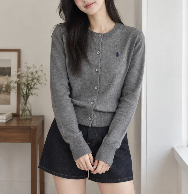 클래식하게 입기 좋은 폴로 랄프로렌 여성 회색 니트 가디건 여자 코디 브랜드 추천