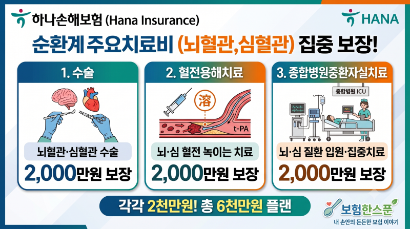 하나손해보험 순환계주요치료비(뇌혈관,심혈관) 수술,혈전용해치료,종합병원중환자실치료 ....