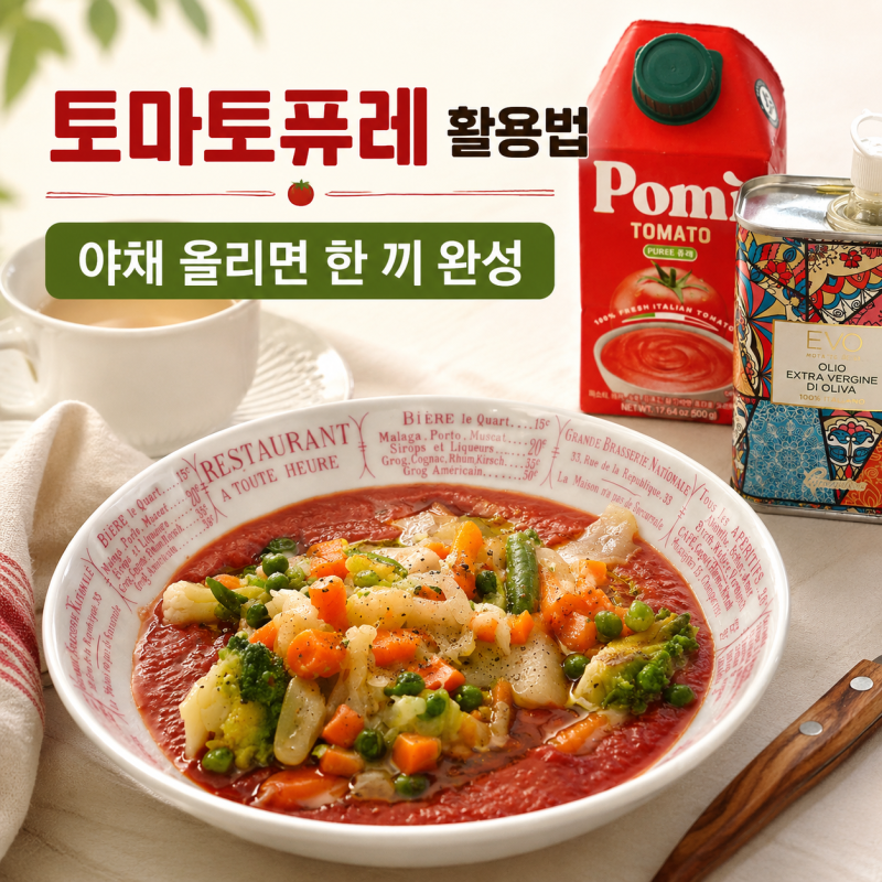 사먹는 토마토퓨레 활용법｜야채 올려 간단한 한 끼