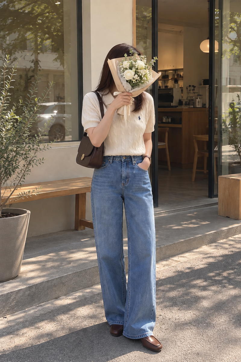 강민경 코디 따라하기｜크림 폴로 반팔 니트와 데님으로 완성한 가을 데일리룩