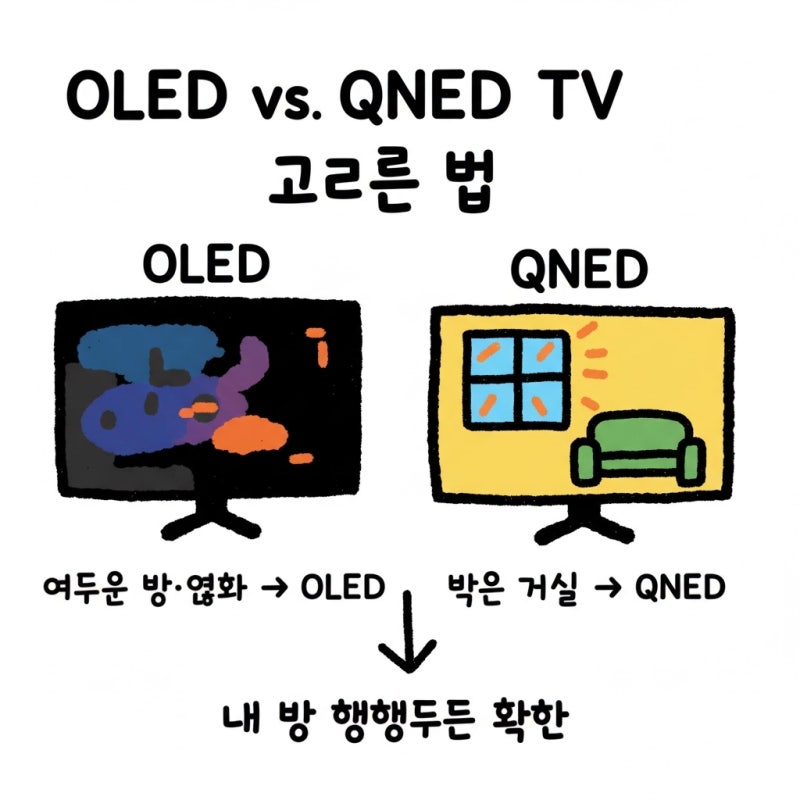 OLED QNED 차이 번인 명암비 수명 밝기 거실 선택 기준까지