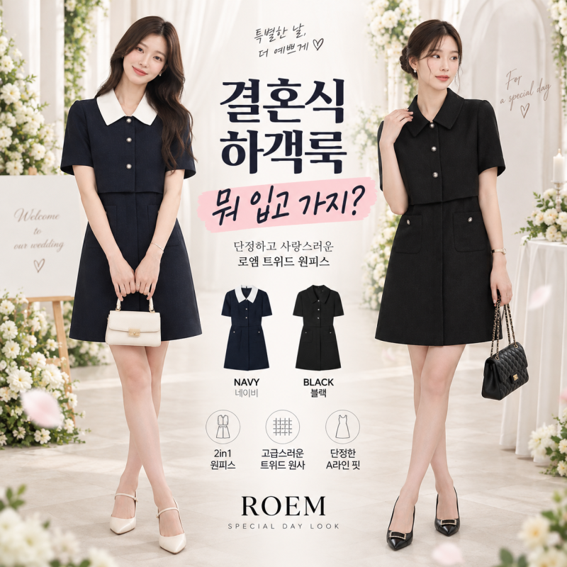 결혼식 하객룩 여자 원피스, 로엠 트위드 2in1 원피스 어때?
