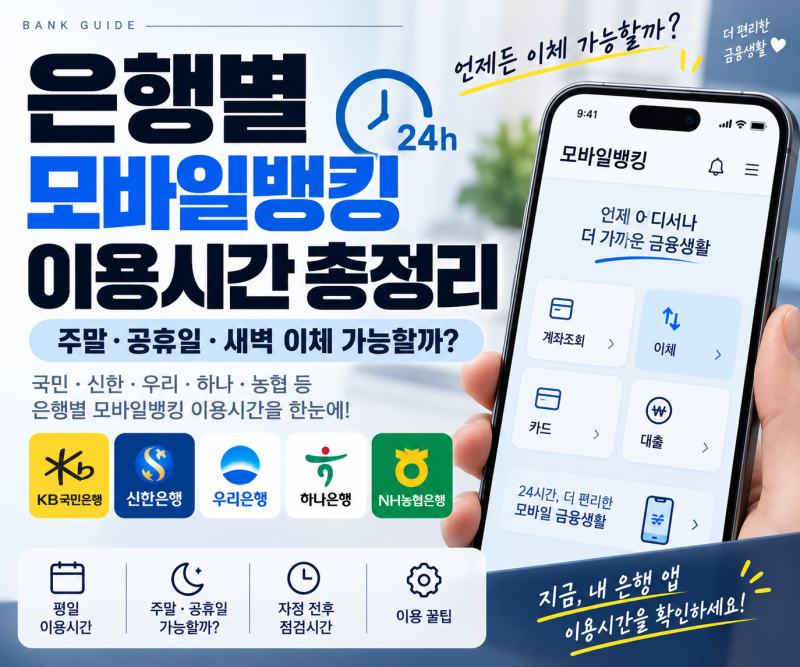 은행별 모바일뱅킹 이용시간 총정리｜주말·공휴일·새벽 이체 가능할까?