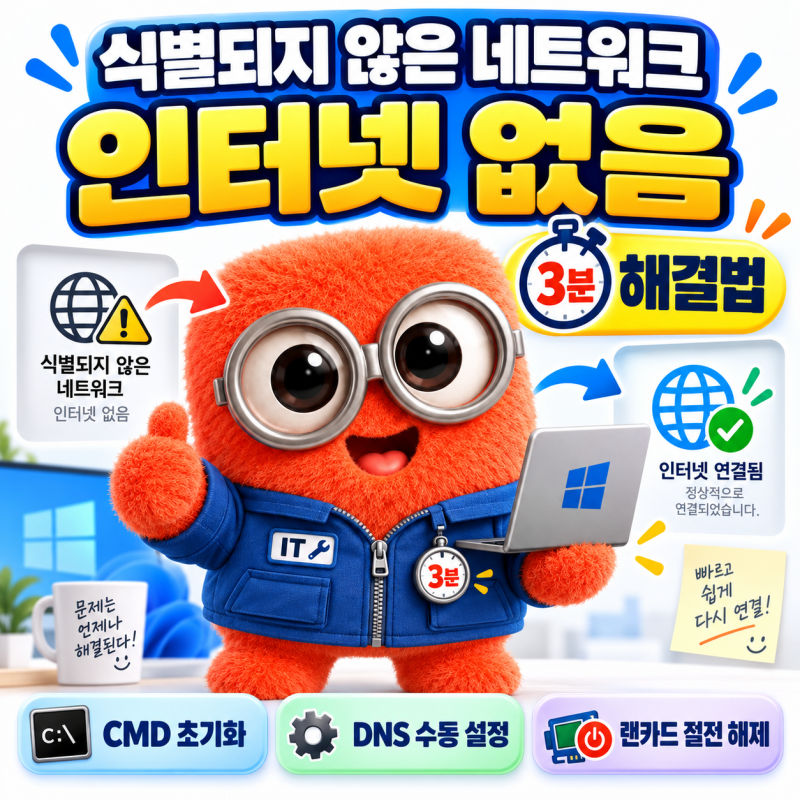 식별되지 않은 네트워크 인터넷 없음 3분 해결법: CMD 초기화부터 DNS 수동 설정 총정리