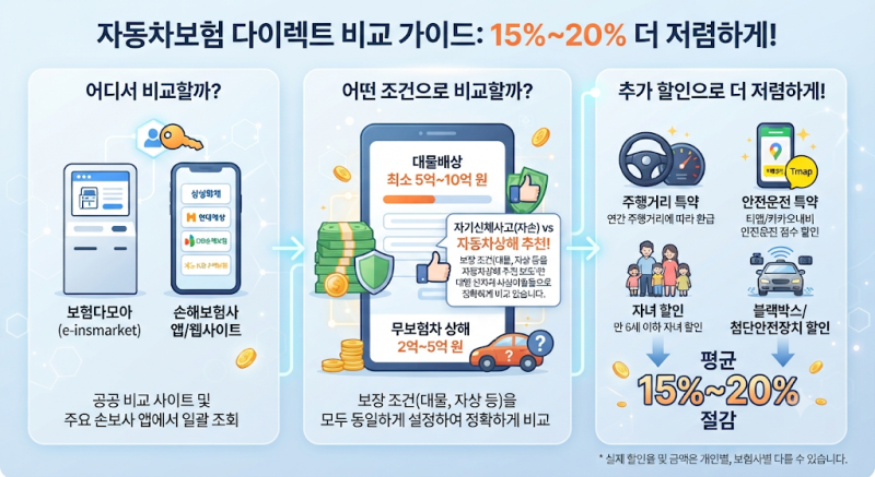 자동차보험 다이렉트 비교 방법과 비용 절감 가이드: 15%~20% 더 저렴하게 가입하는 꿀팁