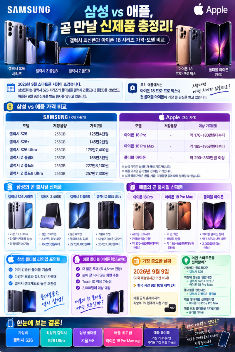 삼성 vs 애플, 곧 만날 신제품 총정리! 갤럭시 최신폰과 아이폰 18 시리즈 가격·모델 비교