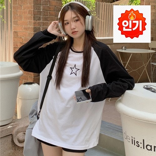 캠핑의 필수 아이템, 감성적인 배색 별 자수 넉넉한 루즈핏 나그랑 여성 티셔츠 긴팔티 라그....